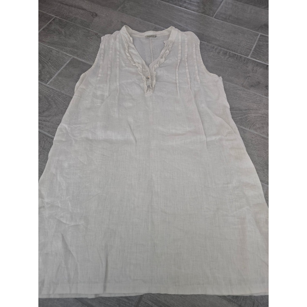 Alessia Pacini Italy Women Cream 100% Linen Ruffle V-Neck Pintuck Tunic Dress‎ L